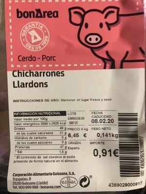 Lista de ingredientes del producto Chicharrones Bonarea 21 g