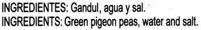 Lista de ingredientes del producto Gandules verdes en conserva Facundo 425 g (neto), 268 g (escurrido)