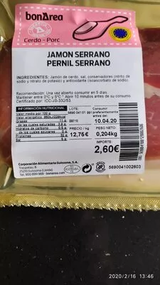 Lista de ingredientes del producto Jamon serrano Bonarea 