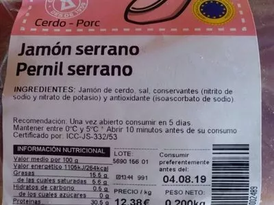 Lista de ingredientes del producto Jamon serrano Bonarea 