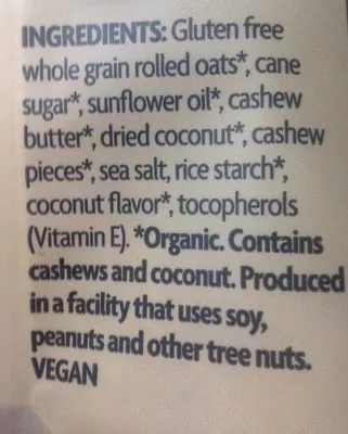 Lista de ingredientes del producto Coconut & Cashew butter Nature's Path Organic 