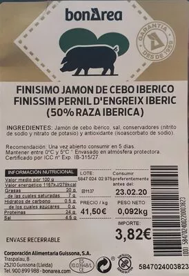 Lista de ingredientes del producto Finisimo jamon de cebo iberico Bonarea 