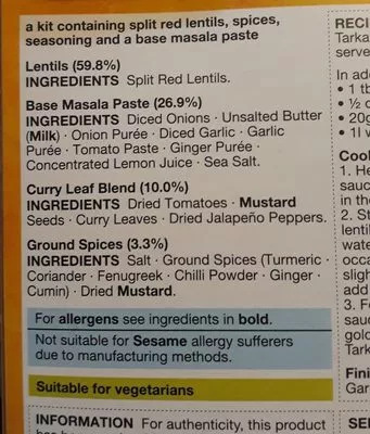 Lista de ingredientes del producto Tarka Dal Kit Marks & Spencer 334,5 g e