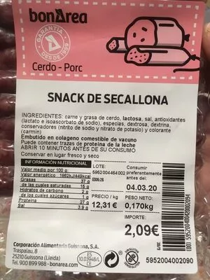 Lista de ingredientes del producto Snack de secallona Bonarea 