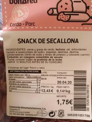 Lista de ingredientes del producto Snack de secallona Bonarea 27 g