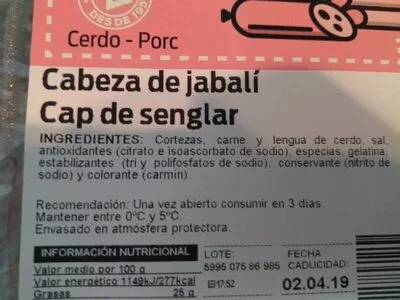 Lista de ingredientes del producto Cabeza jabali bonarea 0,166 kg