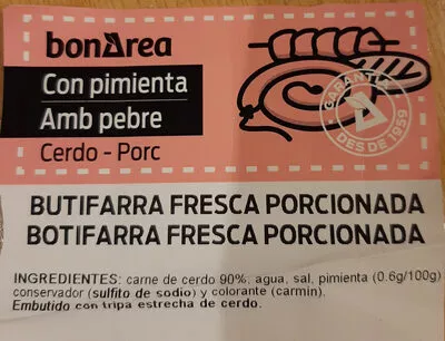 Lista de ingredientes del producto Butifarra Fresca Porcionada Bonarea 626 G