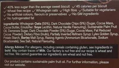 Lista de ingredientes del producto Dark chocolate chip oat biscuits nairns 200 g