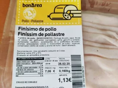 Lista de ingredientes del producto Finisimo de pollo Bonarea 