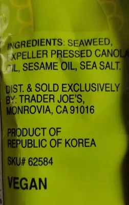 Lista de ingredientes del producto Roasted seaweed Trader Joe's 