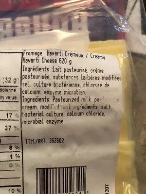 Lista de ingredientes del producto Fromage Havarti Cremeux Saputo 620g