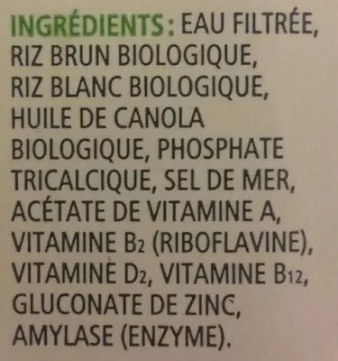 Lista de ingredientes del producto Boisson De Riz Biologique Enrichie Original Natura 946ml