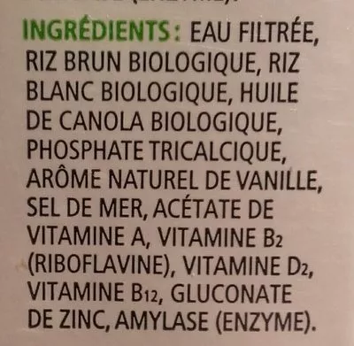 Lista de ingredientes del producto Boisson De Riz Biologique Enrichie Vanille Natura 