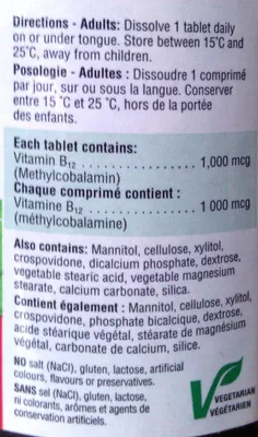 Lista de ingredientes del producto B12 sublingual tablets Jamieson 100 tablets