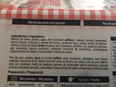 Lista de ingredientes del producto Manita de cerdo a la cazuela Bonarea 