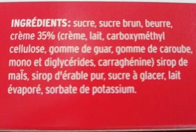 Lista de ingredientes del producto Maple Fudge à l'érable Turkey Hill 210 g