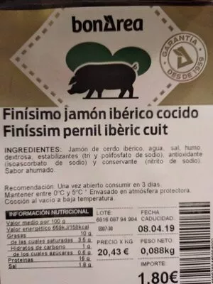 Lista de ingredientes del producto Finisimo jamon Bonarea 