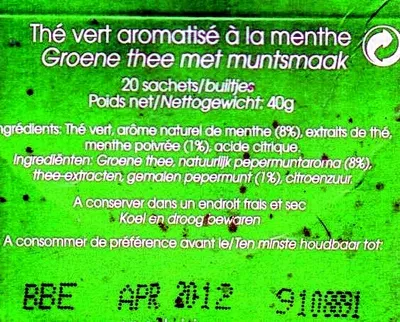 Lista de ingredientes del producto Twinings fresh thé vert menthe Twinings, Foods International 40 g