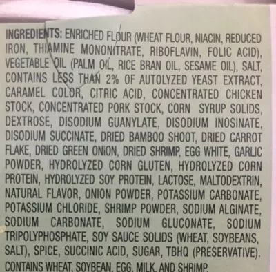 Lista de ingredientes del producto Shrimp Cup Noodles Bil Nissin 