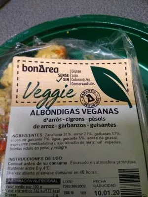 Lista de ingredientes del producto Albondigas veganas Bonarea 