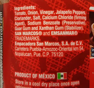 Lista de ingredientes del producto Mexican Salsa Pico de Gallo San Marcos 1