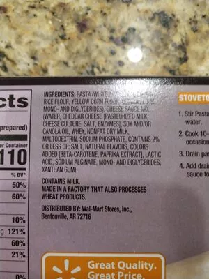 Lista de ingredientes del producto Shells & cheese Wal-Mart Stores 