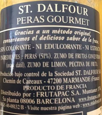 Lista de ingredientes del producto Rapsodia de frutas Pera Gourmet St. Dalfour 