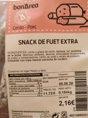 Lista de ingredientes del producto Snack de fuet extra Bonarea 