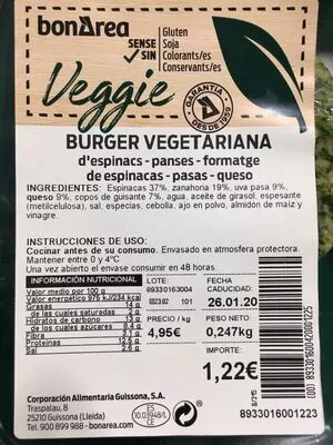 Lista de ingredientes del producto Burger vegetariana Bonarea 84 g