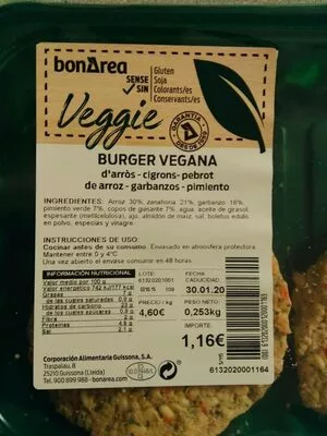 Lista de ingredientes del producto Burger vegana Bonarea 23 g