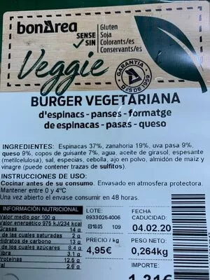 Lista de ingredientes del producto Burger vegetariana Bonarea 13 g