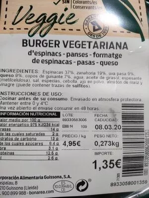 Lista de ingredientes del producto Burger vegetariana Bonarea 