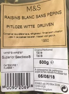 Lista de ingredientes del producto Raisins blanc sans pépins  