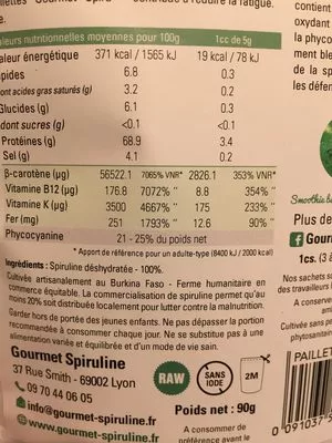 Lista de ingredientes del producto Spiruline en paillettes de haute qualité nutritionnelle Gourmet Spiruline 90 g