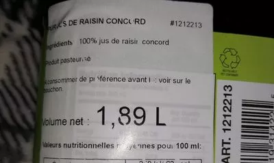 Lista de ingredientes del producto Jus de raisin concord Kirkland 