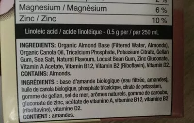 Lista de ingredientes del producto Boisson d'amandes Kirkland 946 ml