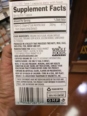 Lista de ingredientes del producto Food Sourced Vitamin C Whole Foods 