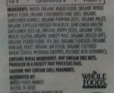 Lista de ingredientes del producto Organic early bird multi seed bread slices 365,  365 Everyday Value,   Whole Foods Market  Inc. 795g