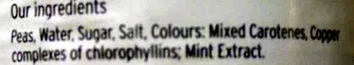 Lista de ingredientes del producto Processed peas in water with sugar and salt Sainsbury's, sainsbury's basics 300 g, drained 190 g