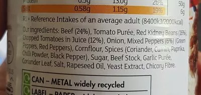 Lista de ingredientes del producto Chili con carne By Sainsbury's 