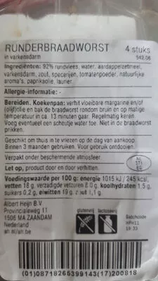 Lista de ingredientes del producto Runder Braadworst Albert Heijn, AH 400 g