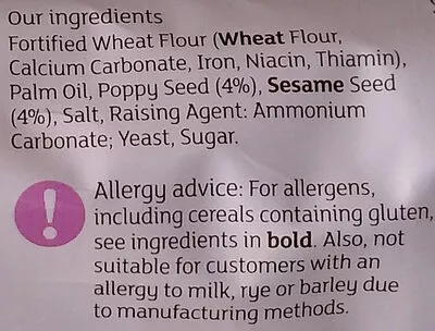 Lista de ingredientes del producto Poppy & sesame seed thins Sainsbury's, Sainsburys, By sainsbury's 150 g