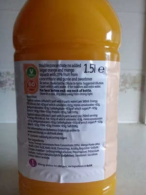 Lista de ingredientes del producto Orange and mango squash  by Sainsbury's 1.5l