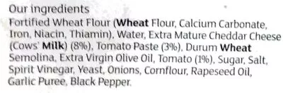 Lista de ingredientes del producto Handcrafted mature cheddar & tomato flatbread Sainsbury's 225 g