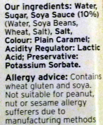 Lista de ingredientes del producto Dark soy sauce Sainsbury's, by sainsbury's 150 mL