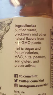 Lista de ingredientes del producto Water infused with blackberry essence, blackberry Hint  Inc. 