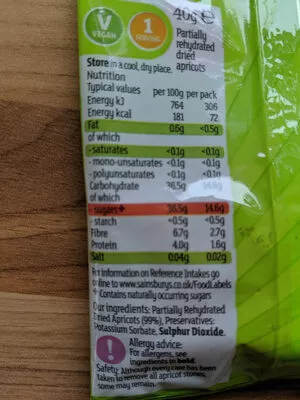 Lista de ingredientes del producto apricots Sainsbury's 40g