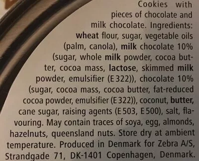 Lista de ingredientes del producto Danish chocolate chip cookies Tiger, Flying Tiger 150 g