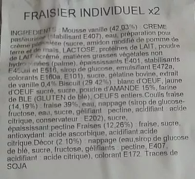 Lista de ingredientes del producto Fraisier décongelé individuel X 2 Carrefour 200 g