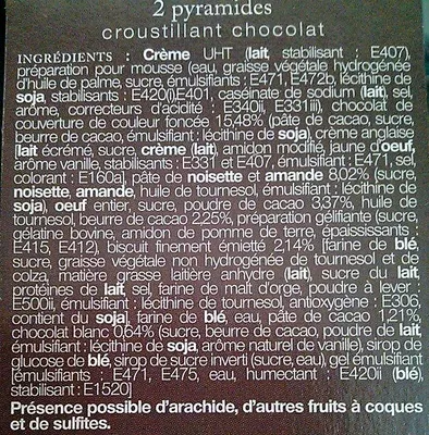 Lista de ingredientes del producto Pyramide Décongelé *2 Croustillant Chocolat Les Gâteaux d'Honorine, Carrefour 150 g